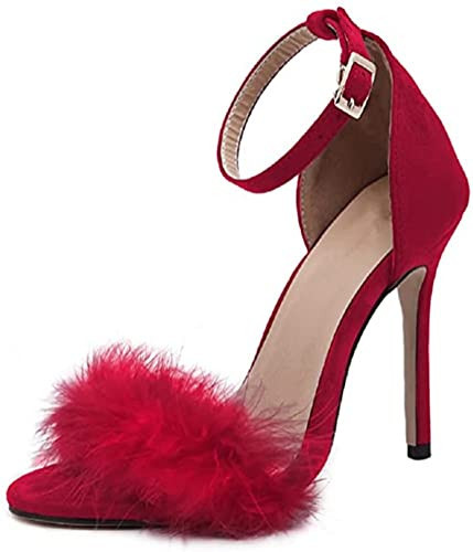 MMJULY Women's Open Toe Ankle Strap Fluffy Feather Stiletto High Heel Dress Sandal Red US 7.5 | Amazon (US)