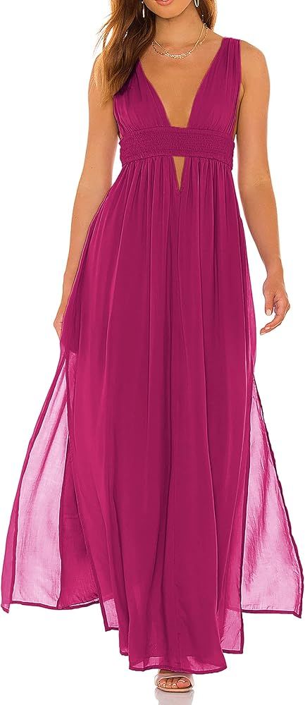 R.Vivimos Boho Dress for Women Sexy Deep V Neck Sleeveless Hollow Out Backless Casual Side Slit M... | Amazon (US)