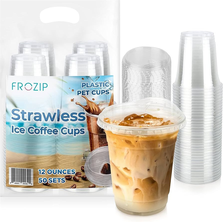 50 Pack 12oz Plastic Coffee Cups with Sip Lids - Strawless Clear Plastic Cups with Lid, Smoothie ... | Amazon (US)