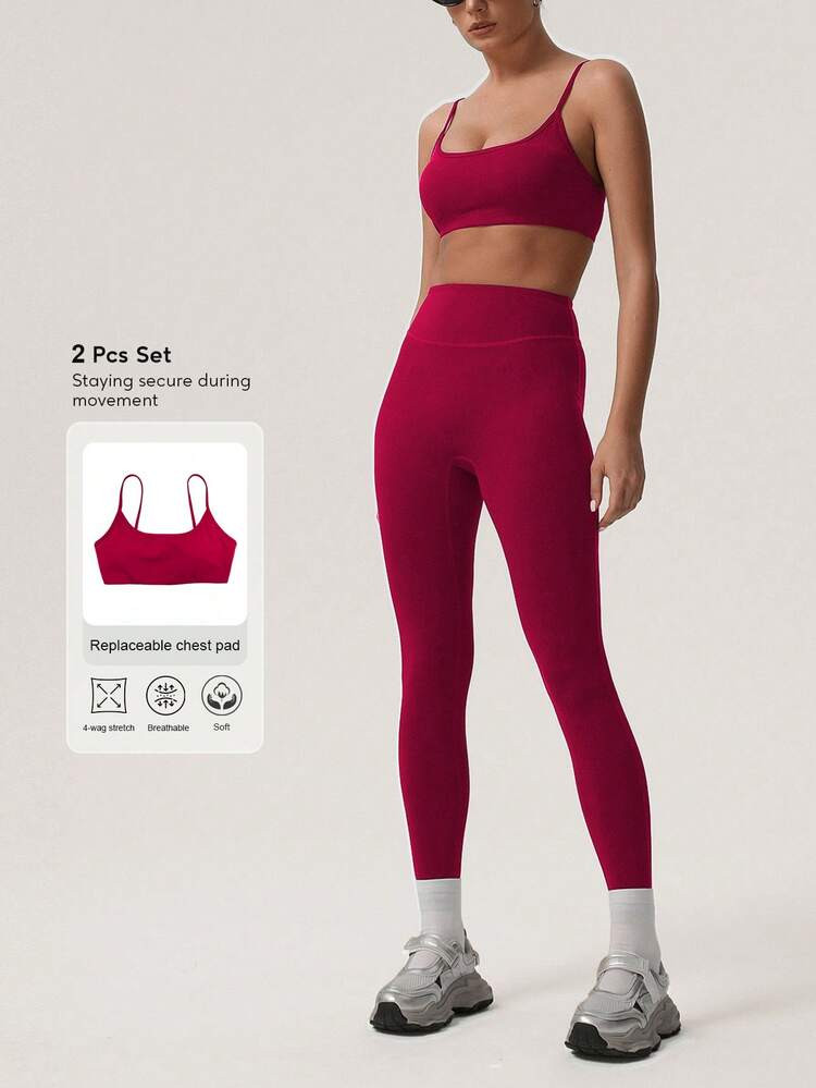 Sodalemon Women's Solid Color Thick Sports Bra & Yoga Leggings 2 Pieces Set, Minimalist Design For Fitness Training | SHEIN