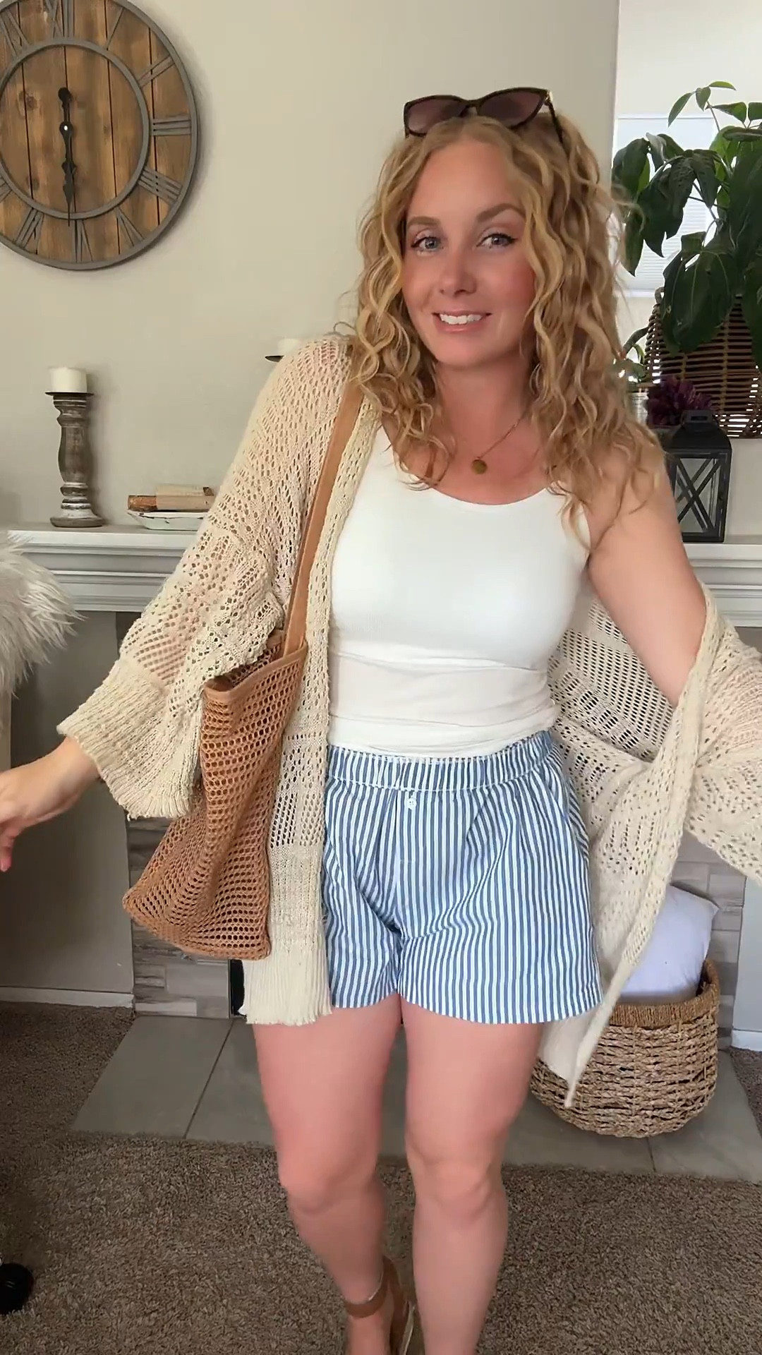 White tank top with built in bras, striped boxer shorts, crochet cardigan, mesh tote bag, platform sandals, and lobster earrings 





Amazon outfits every outfit inspo, outfit ideas, casual outfits amazon, amazon outfits every day, spring outfits 2026, summer outfits, vacation outift, coastal outfit, summer must haves, summer shorts, boxer shorts outfit 

#LTKPetite #LTKSaleAlert #LTKootd