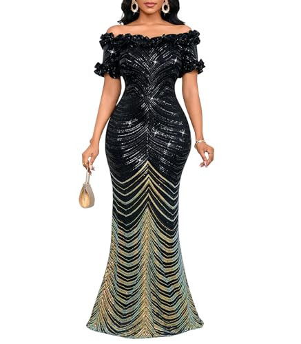 dasmzper Women Sexy Sequin Off Shoulder Ruffle Short Sleeve Bodycon Mermaid Party Formal Evening Maxi Dress | Amazon (US)