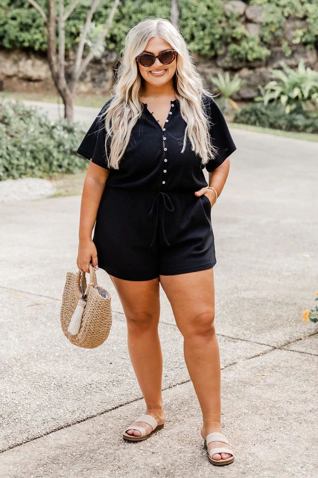 Chase The High Black Waffle Knit Button Up Romper | Pink Lily