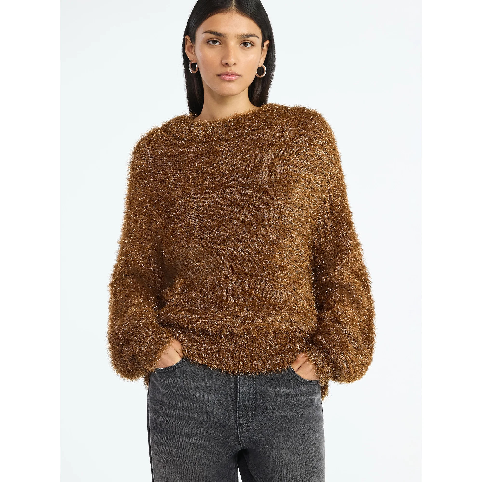 Scoop Women's Tinsel Knit Tunic Sweater with Long Sleeves, Midweight, Sizes, XS-XXL | Walmart (US)