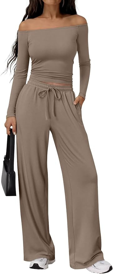 Trendy Queen 2 Piece Off Shoulder Lounge Set Womens Wide Leg Pants Side Ruching Slightly Crop Top... | Amazon (US)