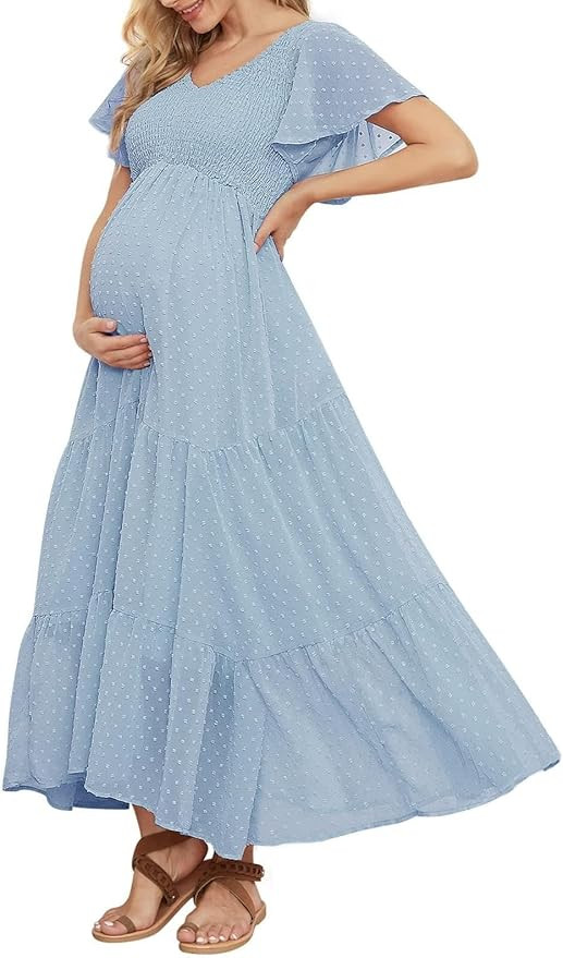 Swiss Dot Smocked Maternity Dress for Baby Shower Photoshoot Casual V Neck Ruffle Sleeve Empire W... | Amazon (US)
