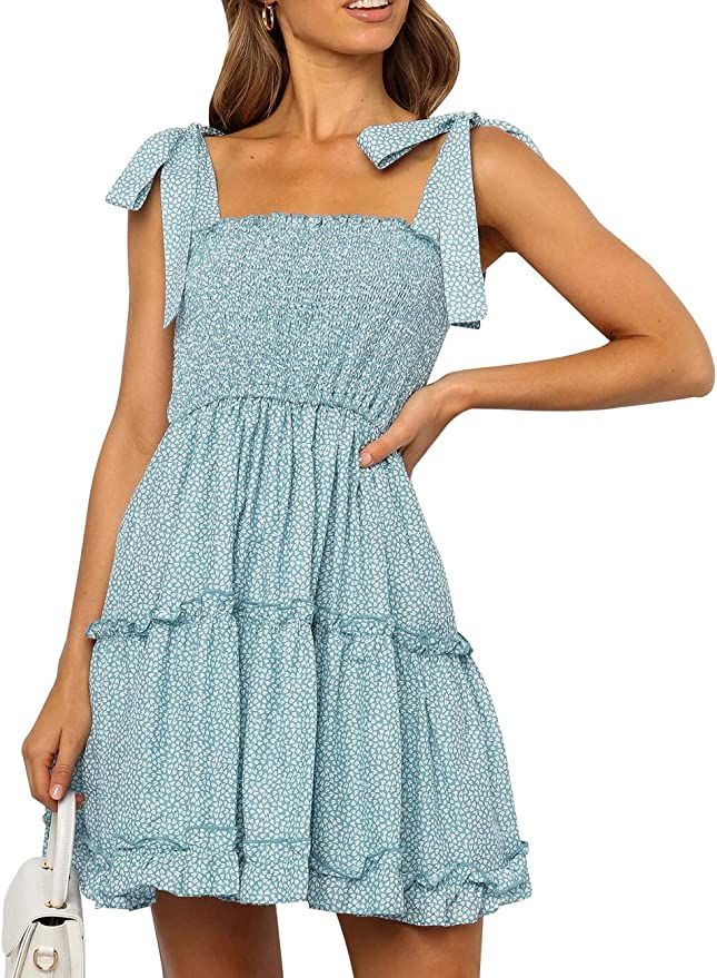 Romanstii Women's Mini Dress Strappy Backless Pleated Flare Ruffle Polka Dot Casual Beach Dresses | Amazon (US)