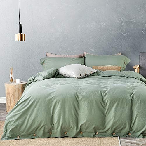 JELLYMONI Green 100% Washed Cotton Duvet Cover Set, 3 Pieces Luxury Soft Bedding Set with Buttons Cl | Amazon (US)