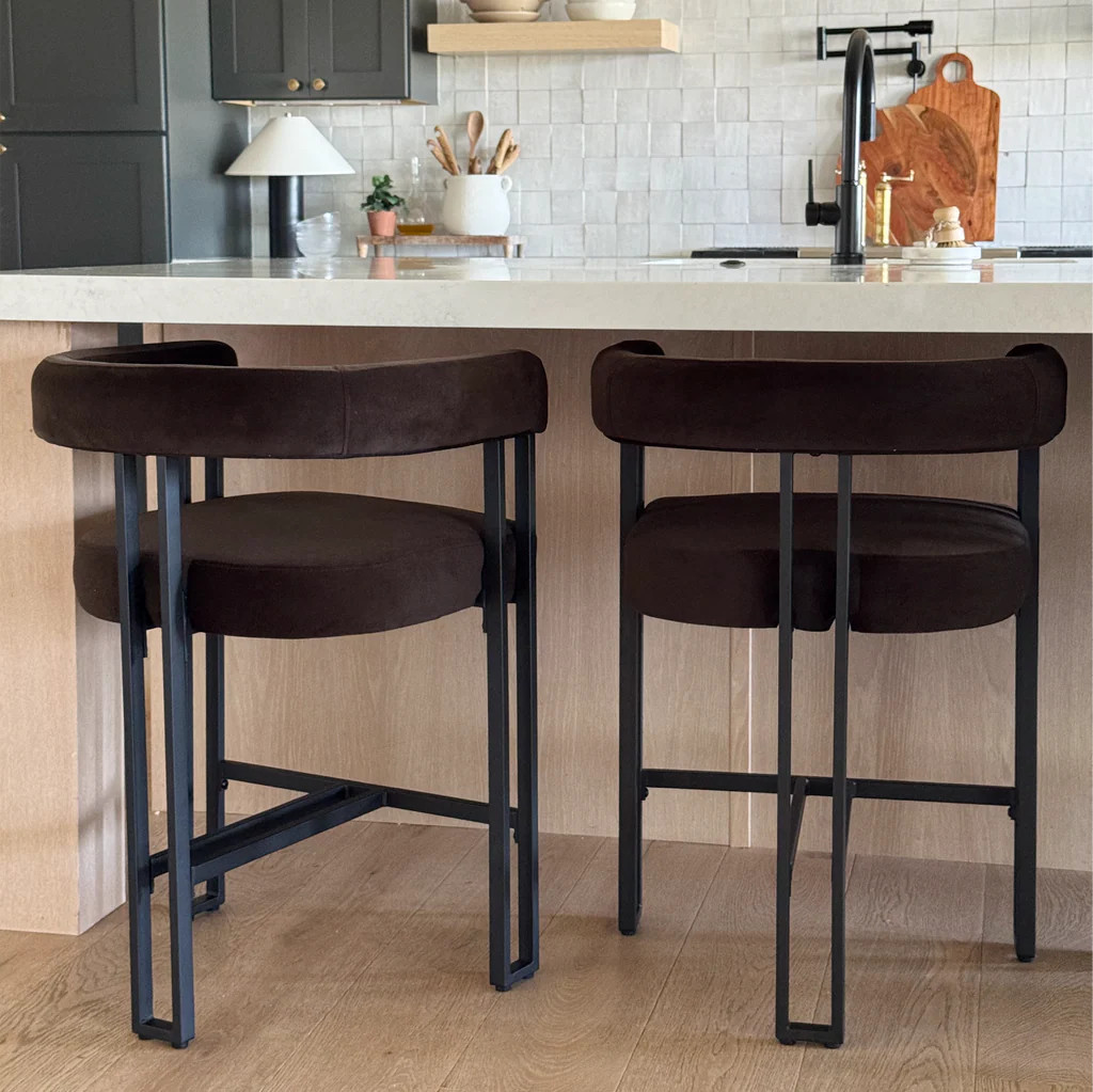 Mia 24" Modern Velvet Counter Stool with Arms (Set of 2) | Pop Maison