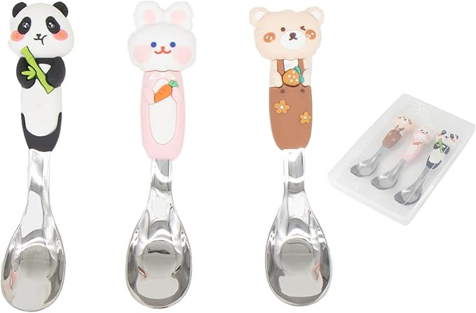 18/8 stainless steel children's spoon set with storage box, silicone animal shaped handle, BPA fr... | Amazon (US)