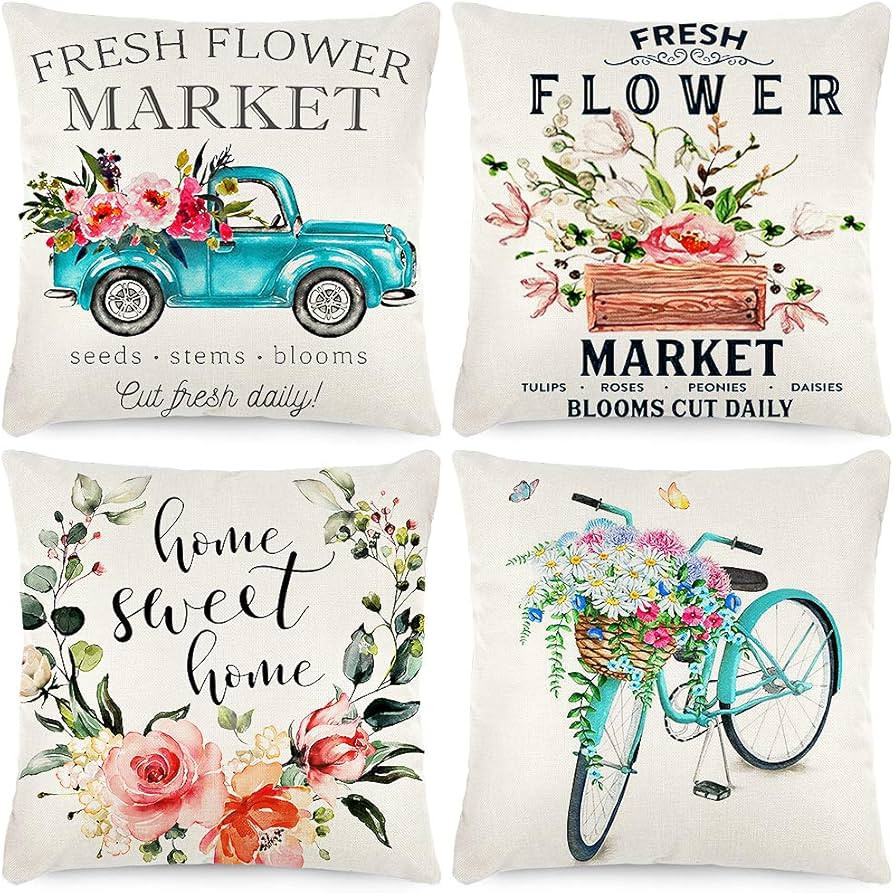 CDWERD Spring Pillow Covers 18x18 Inch Set of 4 Fresh Flower Market Spring Decorations Throw Farm... | Amazon (US)
