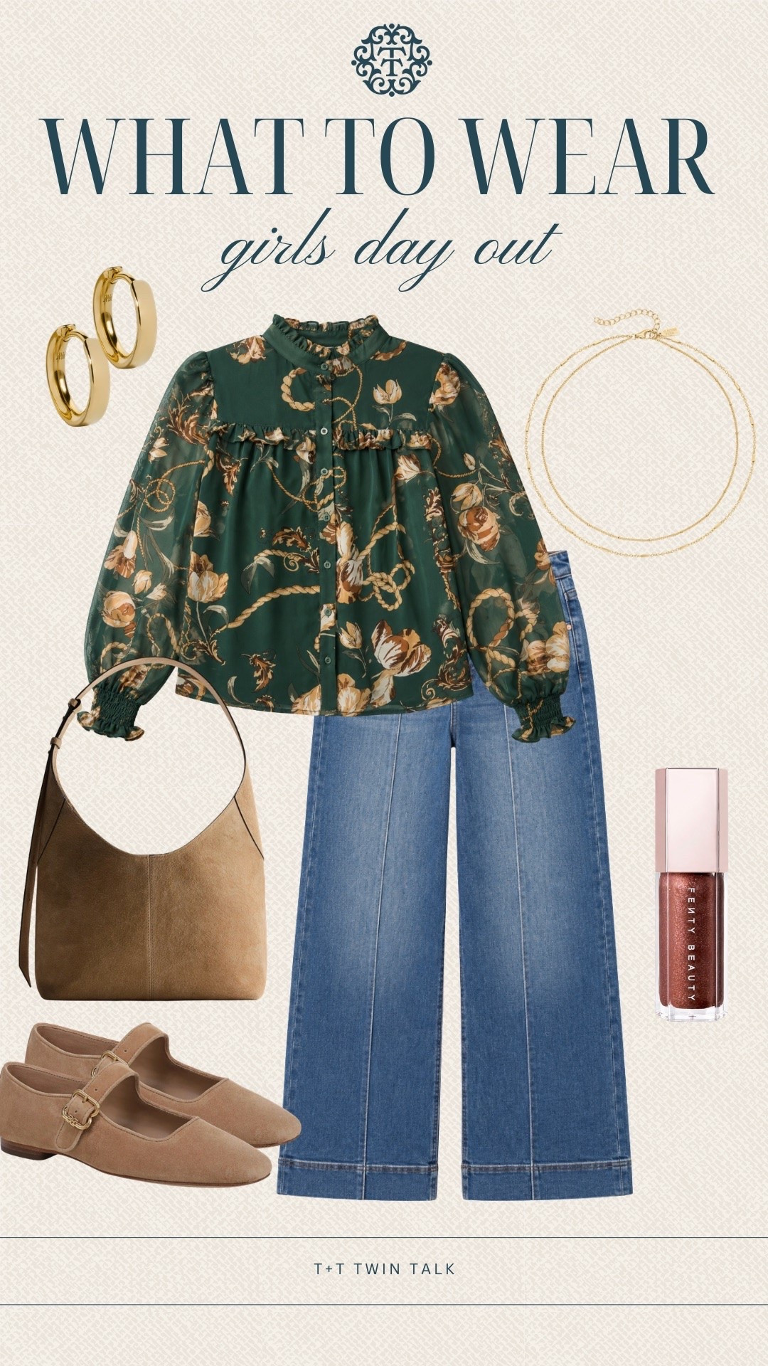 T+T, what to wear! This green floral top from Social Threads paired with wide-leg jeans, a Nordstrom bag, and neutral Mary Jane flats is such a cute look for a girls’ day out. Add the gold jewelry and a swipe of lip color for brunch, shopping, or a fun afternoon with the girls.

#LTKSeasonal #LTKOver40 #LTKMidsize