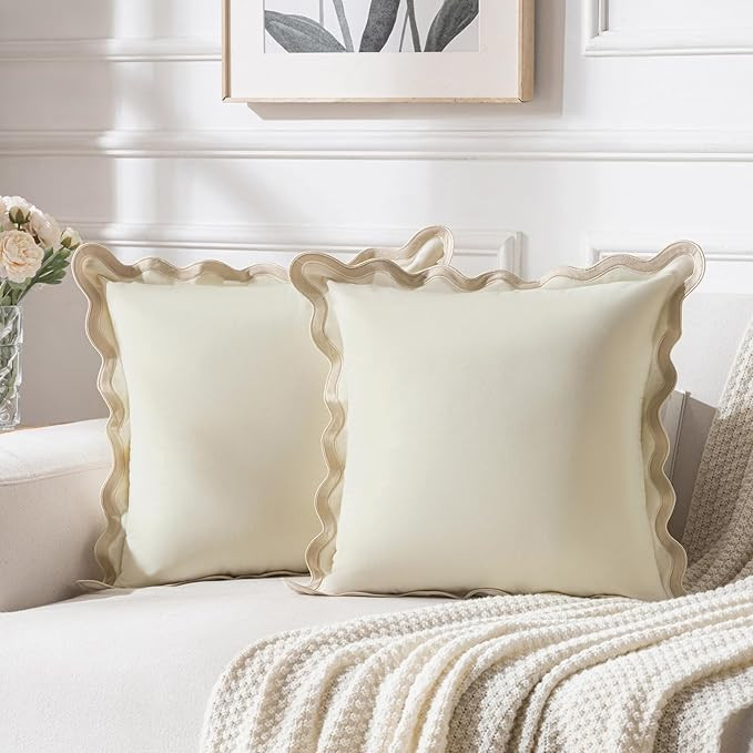 Fancy Homi Set of 2 Boho Cream Decorative Throw Pillow Covers 18x18 Inch with Scallop Edging for ... | Amazon (US)