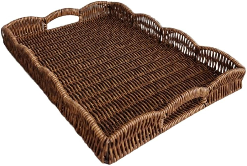 Scalloped Edge Imitation Rattan Tray Basket,17"*13" Super Hard Rectangle Hand Woven Wicker Servin... | Amazon (US)