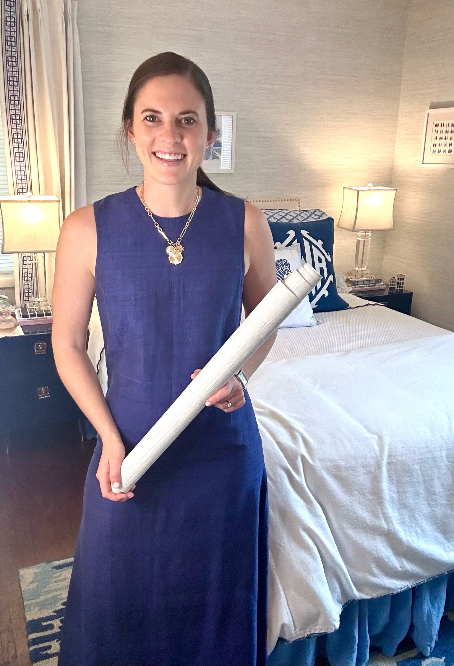 Wearing a Julia Amory Jane Dress in Twilight in my guest bedroom wallpaper reveal reel. I sized up to a medium in this dress and am glad I did since a small would have fit tight across my bottom! If your figure is a bit more straight then stick to your regular size, but otherwise you’ll want to size up  