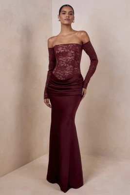Rinna | Burgundy Lace Bardot-Neck Maxi Dress | Club L London