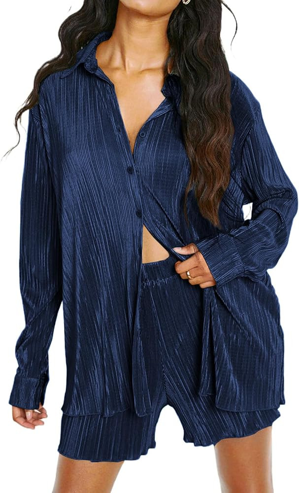 Ekouaer Pleated Sets for Women 2 Piece Lounge Shorts Set Long Sleeve Button Down Shirts Outfits | Amazon (US)
