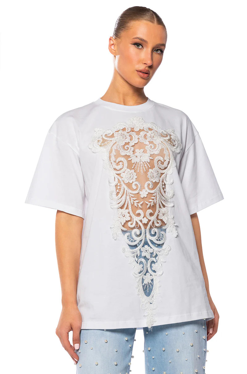 CARA SHEER LACE DETAILED T SHIRT IN WHITE | AKIRA