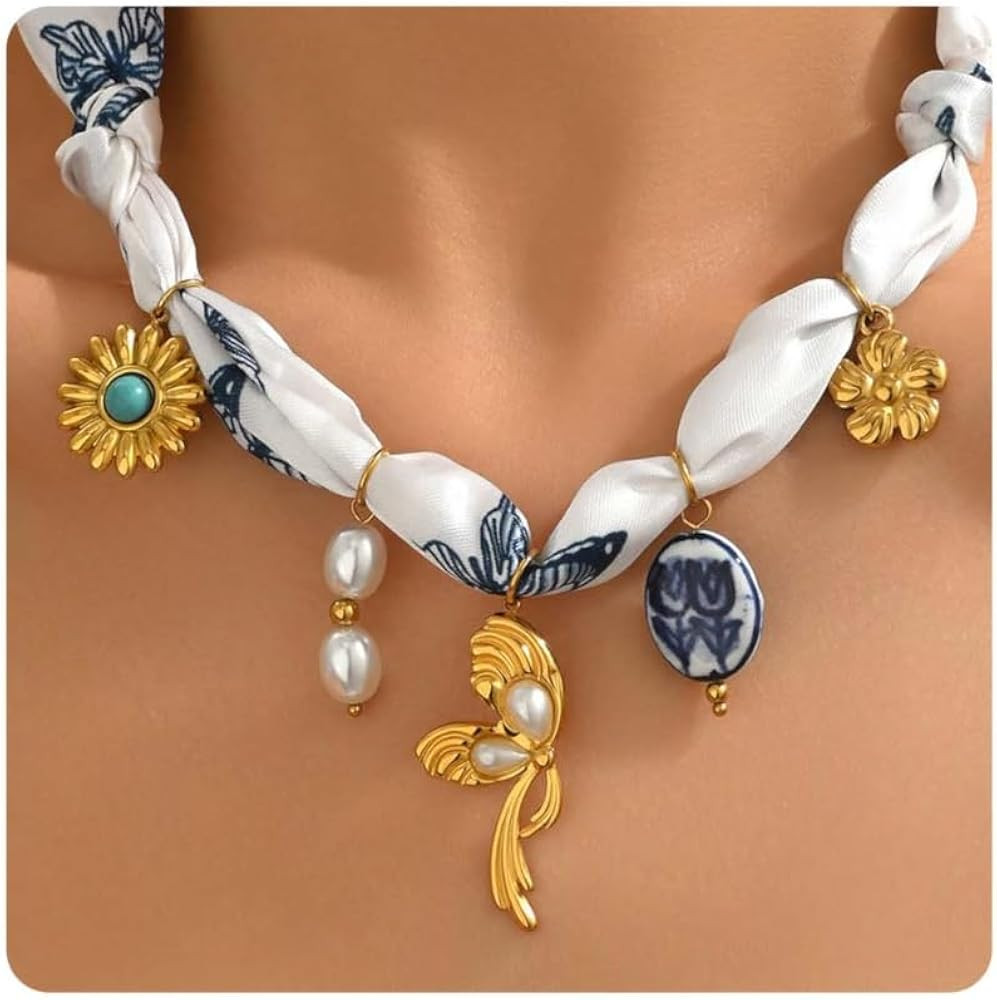 Silk Scarf Necklace for Women Adjustable Bandana Choker with Pearl 18K Gold Charms,Boho Beach Cer... | Amazon (US)