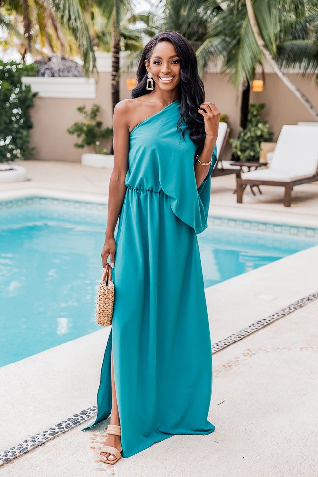 Found My Forever Teal One Shoulder Maxi Dress | The Pink Lily Boutique