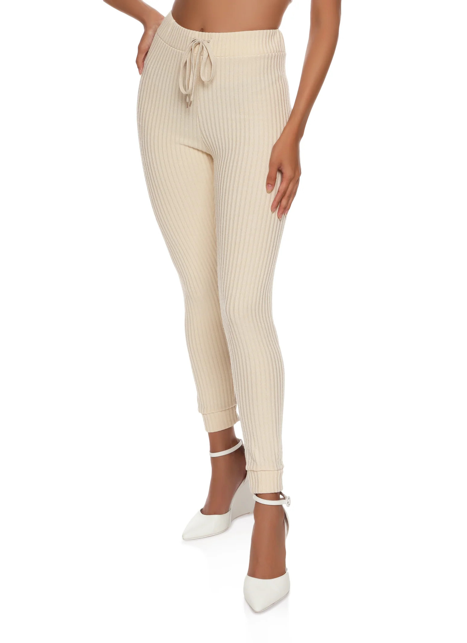 Ribbed Drawstring Leggings  - Ivory | Rainbow Shops