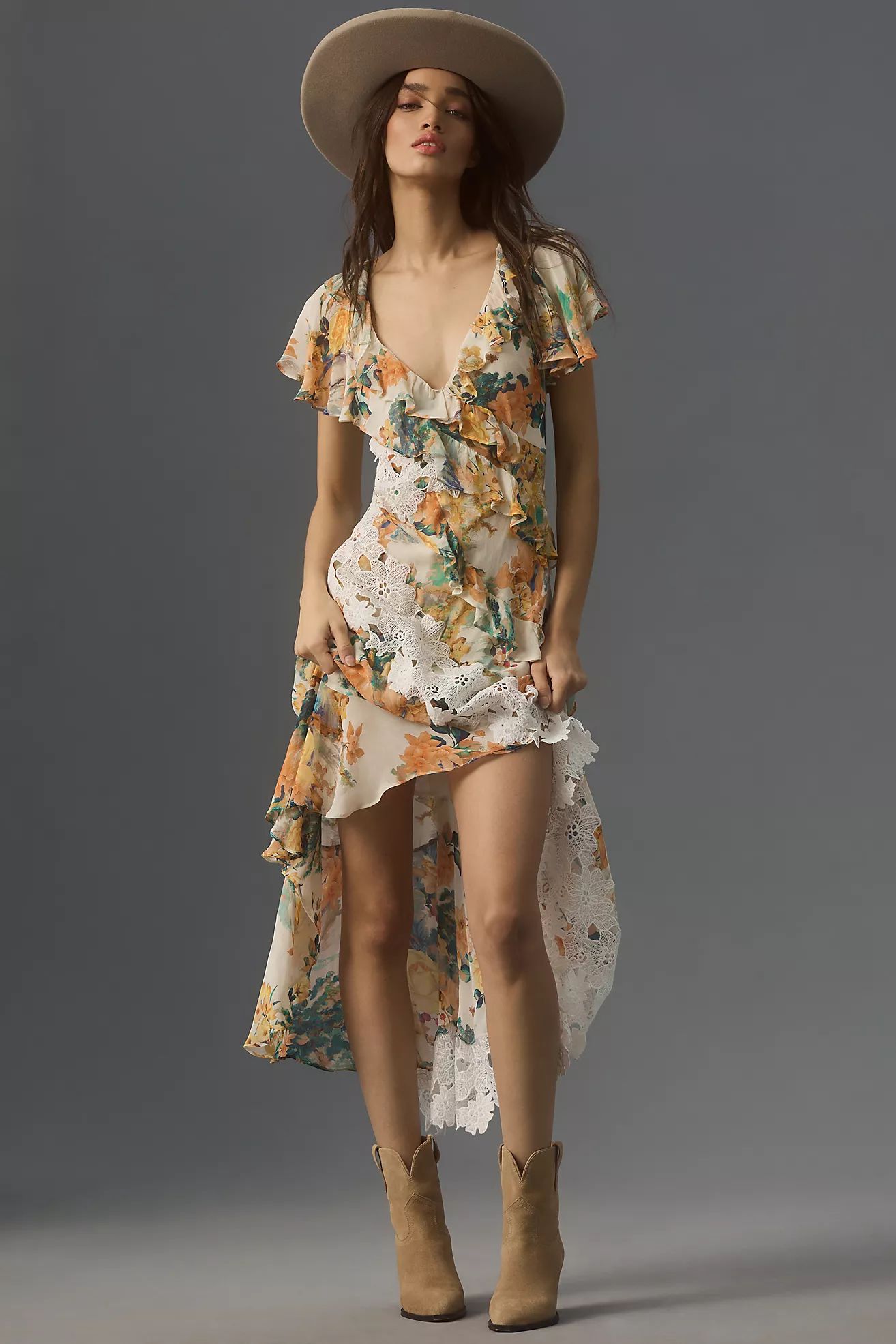 By Anthropologie V-Neck Ruffle Lace Slip Dress | Anthropologie (US)