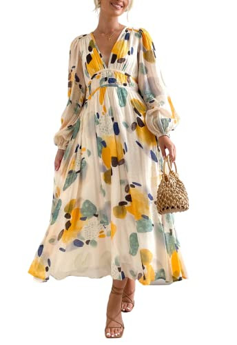 Maxigerui Women's Long Sleeve Boho Maxi Dress Floral Print Long Dress Yellow Watercolor L | Amazon (US)