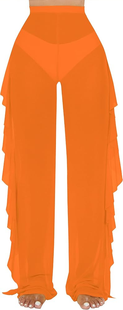 Jumppmile Women's Ruffle Sheer Mesh Swimwear Bikini Cover Up Pants See Through | Amazon (US)