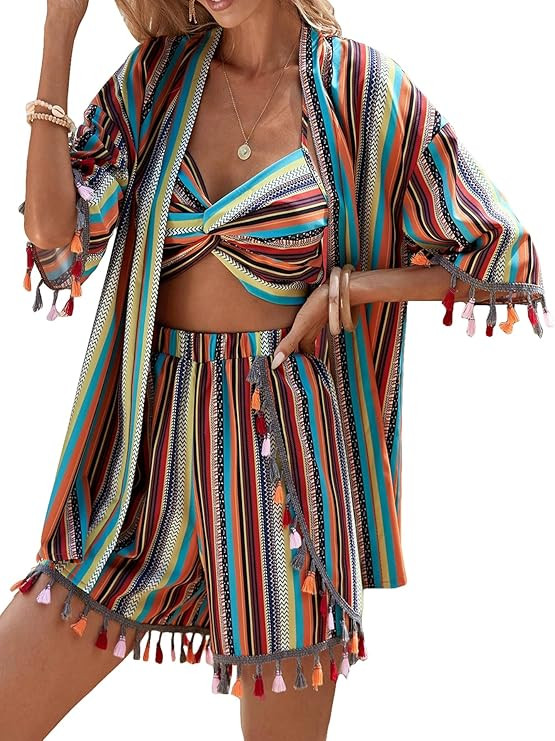 Verdusa Women's 3 Piece Outfits Short Sleeve Open Front Kimono and Boho Cami Top and Tassel Trim ... | Amazon (US)