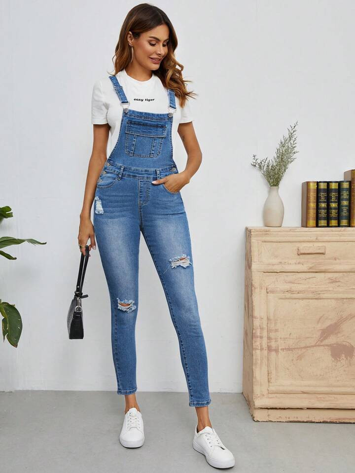 SHEIN Essnce Adjustable Strap Pocket Front Ripped Denim Jumpsuit | SHEIN