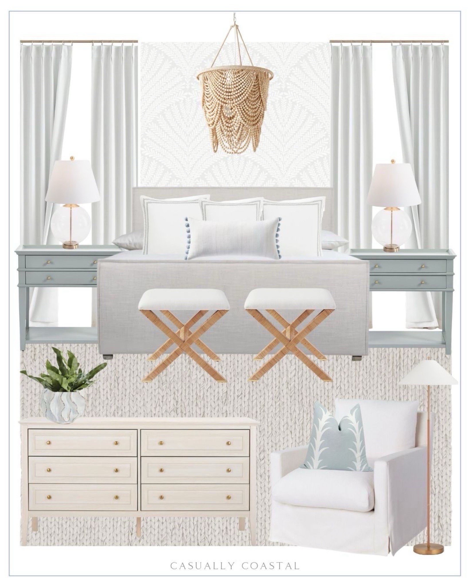 Primary Bedroom inspiration, with several items that are currently on sale!
——— 
Coastal bedroom ideas, coastal home decor, primary bedroom inspo, coastal bedroom furniture, beach home style, beach house decor, beach bedroom, neutral bedroom ideas, blue and white decor, coastal interiors, master bedroom decor, master bedroom ideas, home inspo, neutral home, upholstered bed, Wayfair beds, high low style, faux plants, neutral area rug, coastal rugs, Amazon rugs, neutral rugs, woven rugs, beach house rugs, coastal dresser, bedside table, ballard designs nightstands, blue nightstands, 2 drawer nightstand, designer look for less, bed pillows, bed pillow styling, bedroom decor, beaded chandelier, coastal chandelier, statement chandelier, coastal table lamp, glass table lamp, 6 drawer dresser, neutral dresser, x-vase stool, rattan stool, bedroom bench, chunky knit handwoven rug, coastal sham, Serena & lily pillows, accent pillows, coastal accent pillows, floral wallpaper, coastal wallpaper, coastal nightstand, swivel chair, feather filled swivel chair, neutral accent chair, white upholstered chair, brass and rattan floor lamp, coastal floor lamp, linen curtains, Amazon curtains, coastal planter, Amazon drapes

#LTKHome #LTKFindsUnder100 #LTKSaleAlert