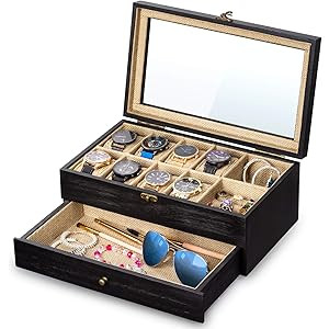 SRIWATANA Watch Box Display Case, 8 Slot Watch Organizer Wood Box with Jewelry Drawer & Glass Lid... | Amazon (US)