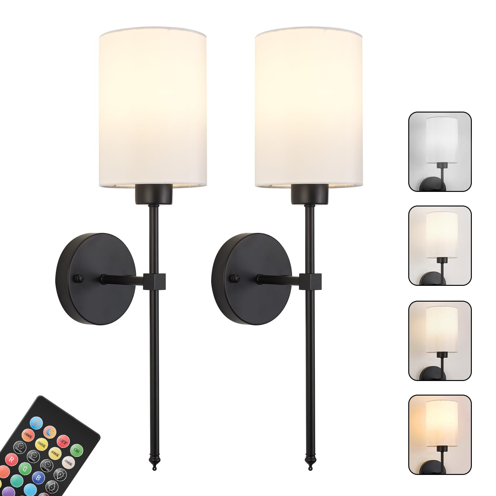 Battery Operated Wall Sconces Set of Two,Wireless Rechargeable Wall Light With Remote Control, Dimmable, Amber Light/Warm White/Natural White/Daylight/RGB, Timer,for Living Room,Bedroom,Entryway,Black | Amazon (US)