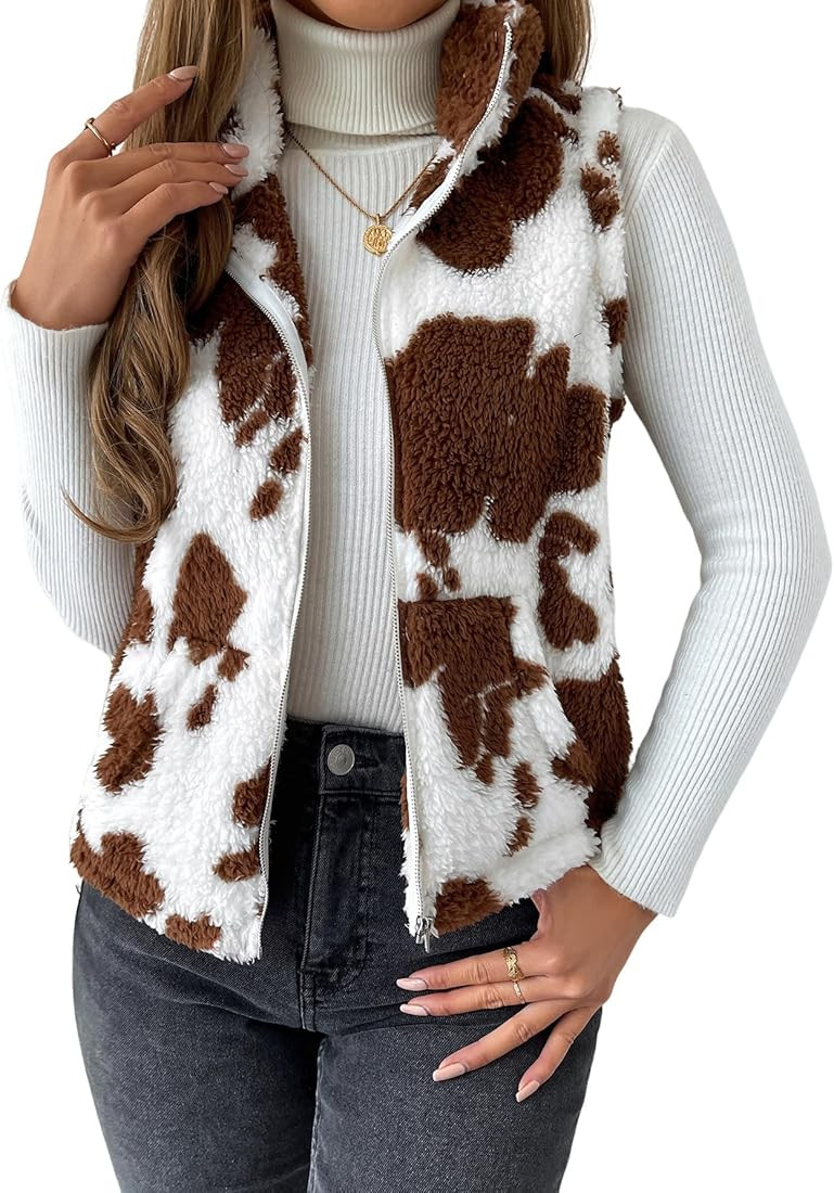 SOLY HUX Women's Cow Print Fleece Fuzzy Zip Up Vest Jacket Sleeveless Outwear with Pockets | Amazon (US)