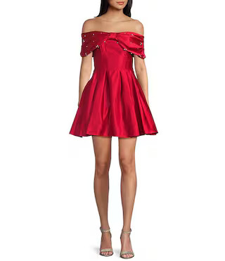 Blondie Nites Rhinestone Studded Satin Off-The-Shoulder Bow Party Dress | Dillard's | Dillard's
