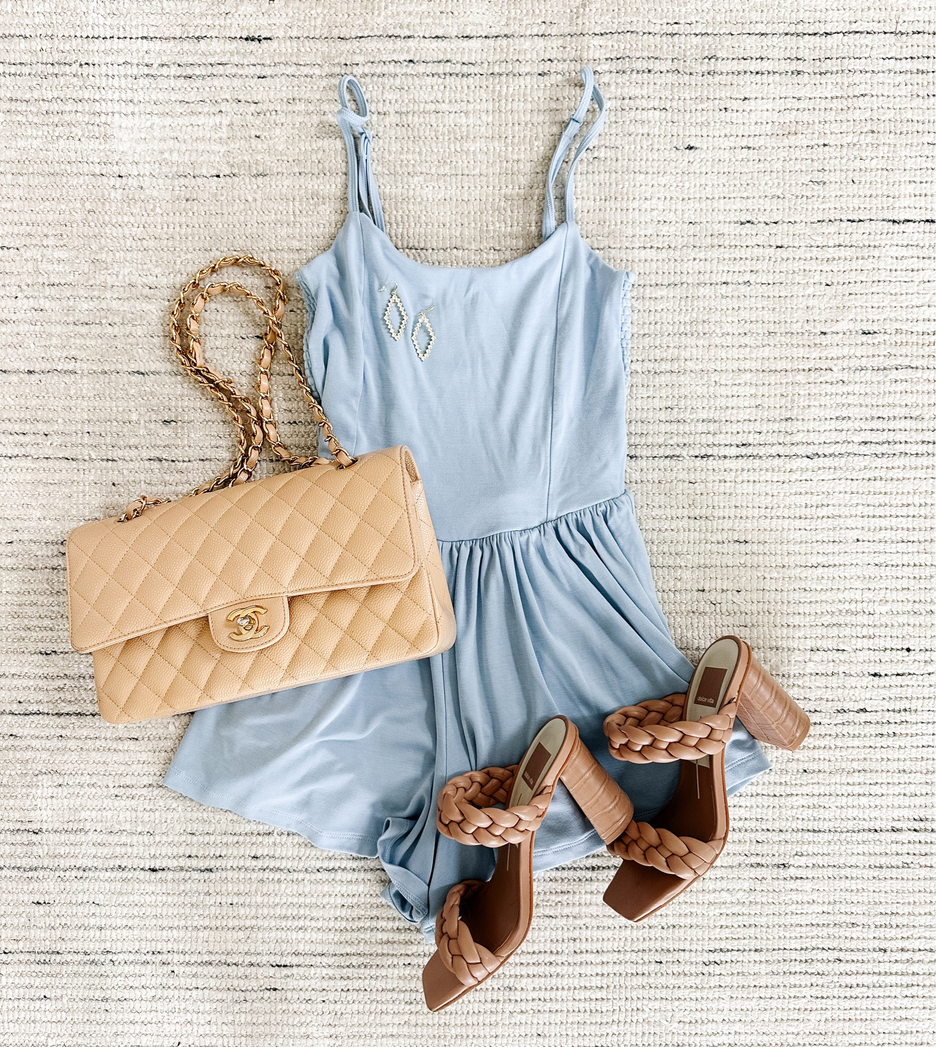 Summer outfit with baby blue romper paired with sandals and accessories for a chic look! Romper has adjustable straps, flowy shorts, pockets and so pretty on! 

#LTKStyleTip #LTKSeasonal