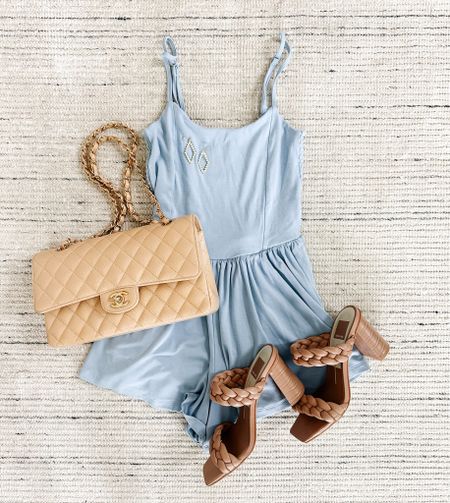 Summer outfit with baby blue romper paired with sandals and accessories for a chic look! Romper has adjustable straps, flowy shorts, pockets and so pretty on! 

#LTKStyleTip #LTKSeasonal