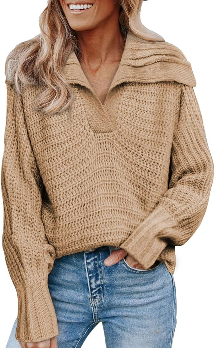 Dokotoo Women V Neck Long Sleeve Sweaters Casual Solid Color Collared Knit Sweater Pullover Tops | Amazon (US)
