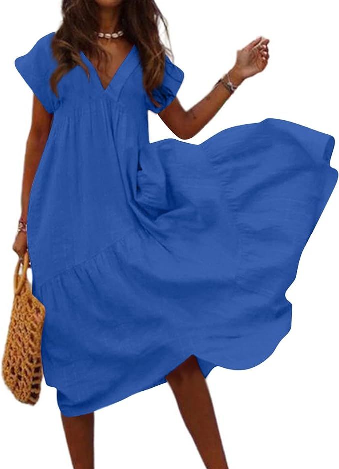 Summer Dresses for Women 2023,Plus Size Casual Cute Babydoll Dress,Tiered Ruffle Flowy Boho Beach... | Amazon (US)