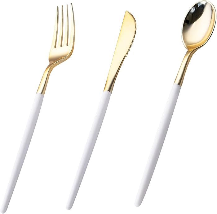 I00000 60 Pcs Gold Plastic Silverware - Heavy Duty Gold Plastic Cutlery -Super Bowl Party Disposa... | Amazon (US)