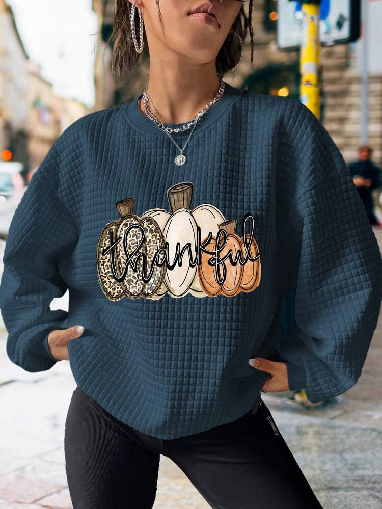 Thanksgiving Graphic Print Casual Sports Waffle Knit Sweatshirt | SHEIN