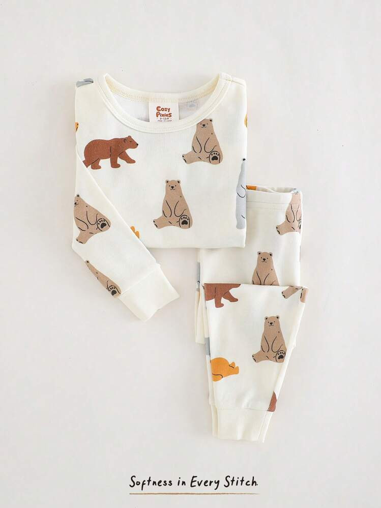 Cozy Pixies Baby Boy Cartoon Animal Print Snug-Fit Pajama Set, Soft Knit Crew Neck Long Sleeve To... | SHEIN