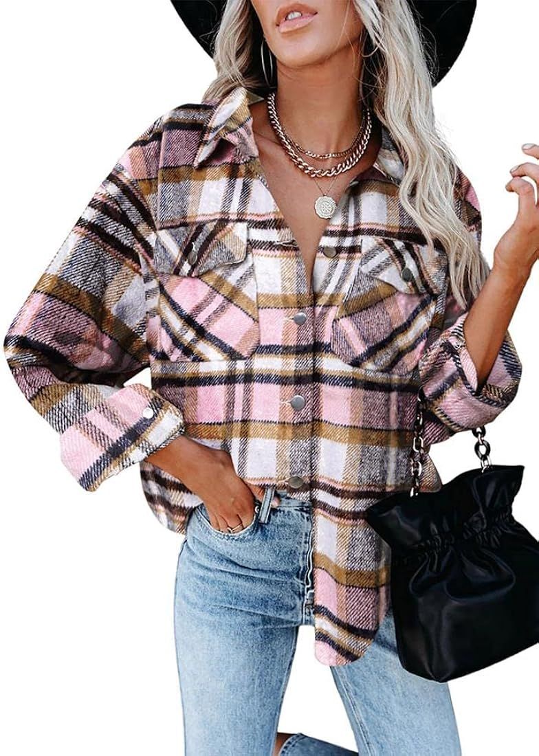 YAKITA Women's Flannel Plaid Shirt Casual Long Sleeve Button Down Lapel Shacket Jacket | Amazon (US)