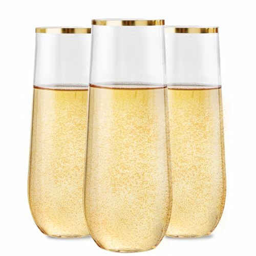 Ciaell 24 Pack Gold Plastic Champagne Flutes - 9 Oz Disposable Champagne Glasses - Stemless Mimosa Glass for Parties & Weddings & Birthdays & Christmas | Amazon (US)