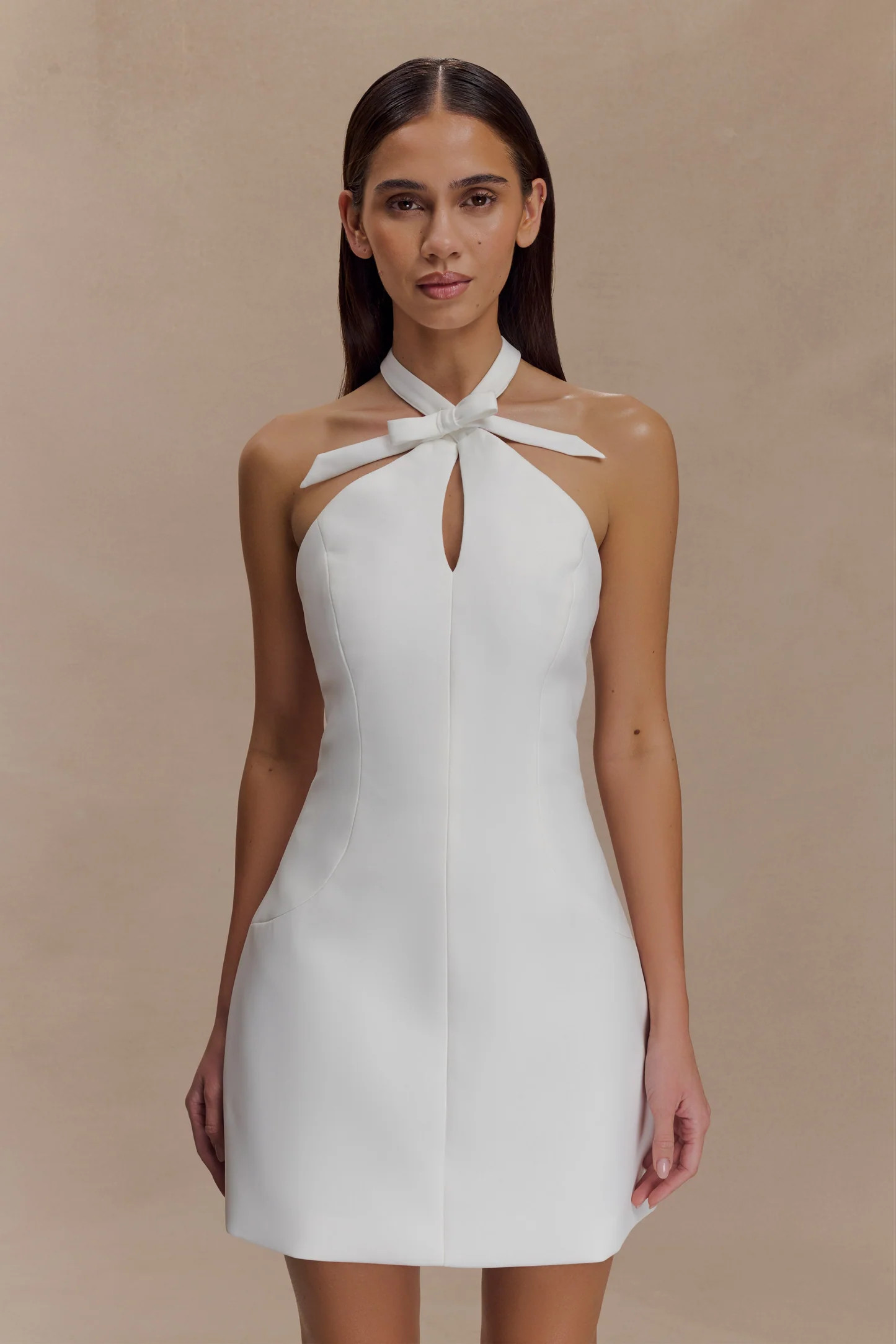 Halter Bow Mini Dress - Ivory | MESHKI US