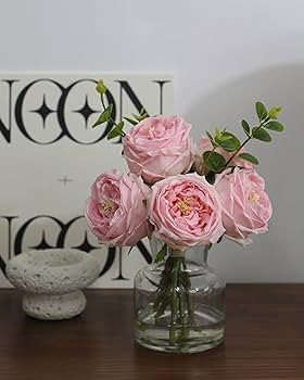 CHASMILE Artificial Flowers with Pink Roses in Vase, Lifelike Fake Flowers in Vase, Faux Flower A... | Amazon (US)