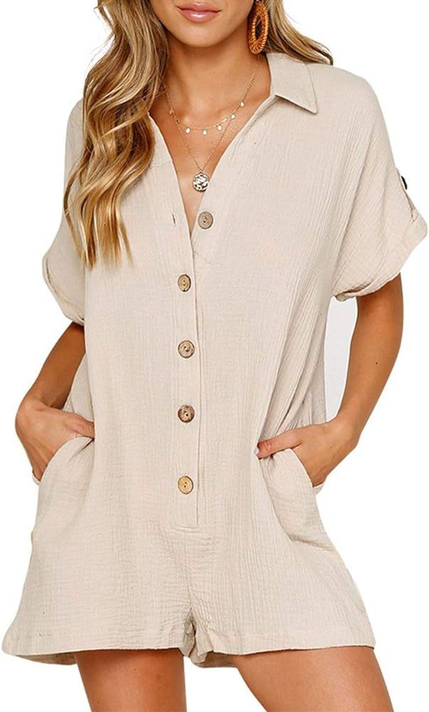 Fixmatti Women Summer Casual Linen Outfits Button Down Shorts Rompers Jumpsuits | Amazon (US)