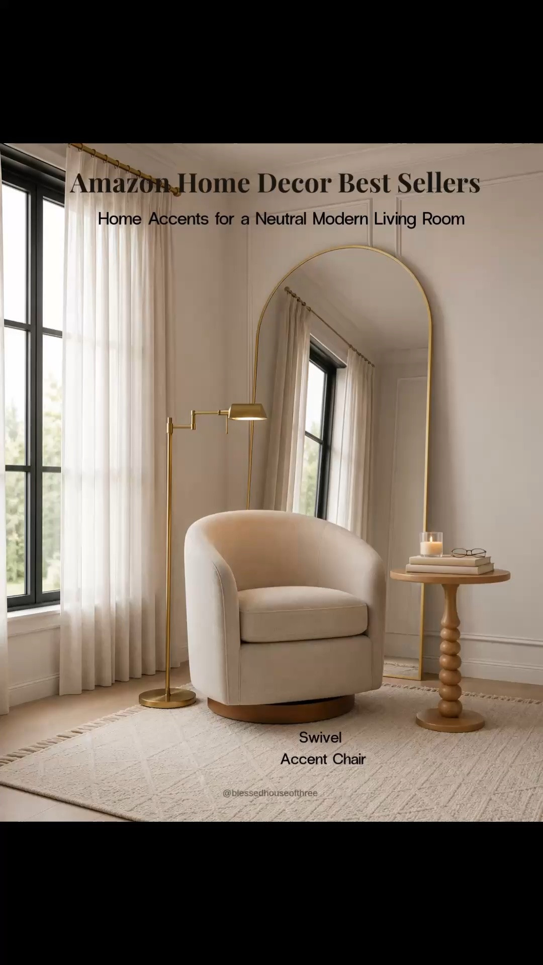 Amazon home decor best sellers that instantly elevate a neutral modern home. #affiliatelink Sharing some of my favorite Amazon finds including a cream swivel accent chair, oversized arch floor mirror, brass pharmacy floor lamp, organic modern accent table, textured neutral rug, woven storage baskets, candle warmer lamp, and landscape wall art. These affordable home decor finds create a high-end designer look for less and work beautifully in living rooms, bedrooms, reading corners, entryways, apartments, and new homes. If you love organic modern decor, neutral home styling, cozy home aesthetics, warm minimalism, and timeless decorating ideas, these are pieces you’ll use for years. Follow me on LTK for daily Amazon home finds, neutral home decor inspiration, designer-inspired looks for less, and affordable decorating ideas.

#LTKHome #LTKSaleAlert #LTKSeasonal