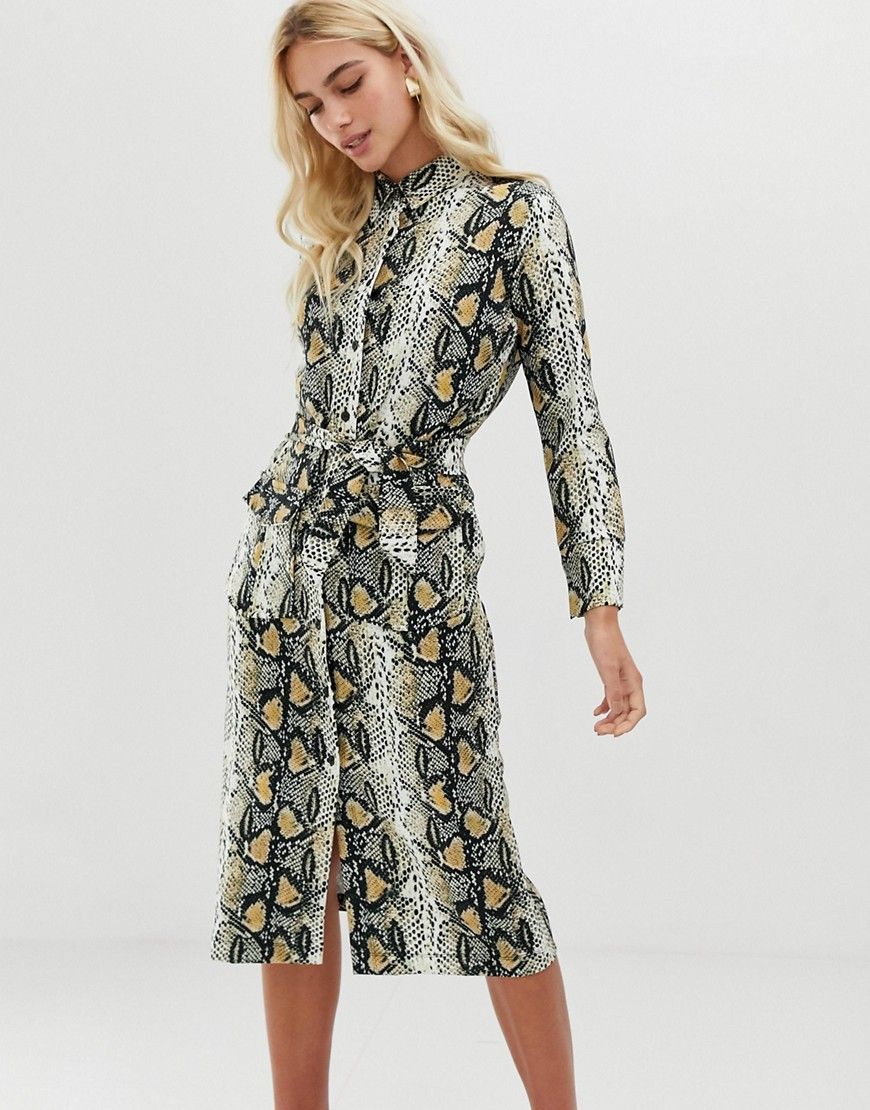 Zibi London snake print shirt midi dress with belt detail - Beige | ASOS US