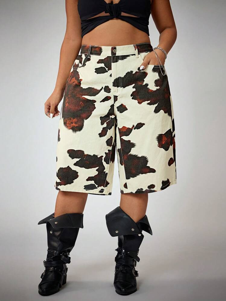 SHEIN ICON Plus Size Women's Distressed Cow Print Denim Bermuda Shorts | SHEIN
